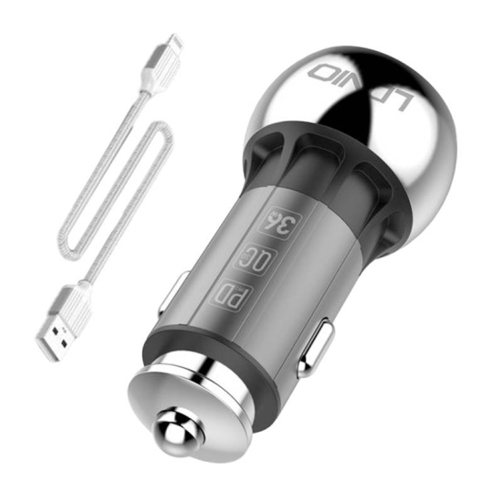 Ładowarka samochodowa LDNIO C1 USB, USB-C + Kabel Lightning