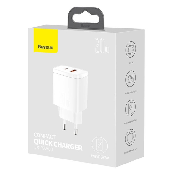 Ładowarka sieciowa Baseus Compact Quick Charger, USB, USB-C, 20W (biała)