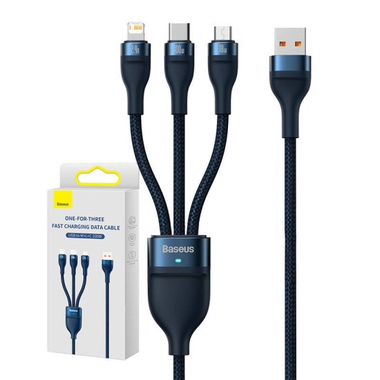 Kabel USB 3w1 Baseus Flash Series, USB-C + micro USB + Lightning, 100W, 1.2m (niebieski)