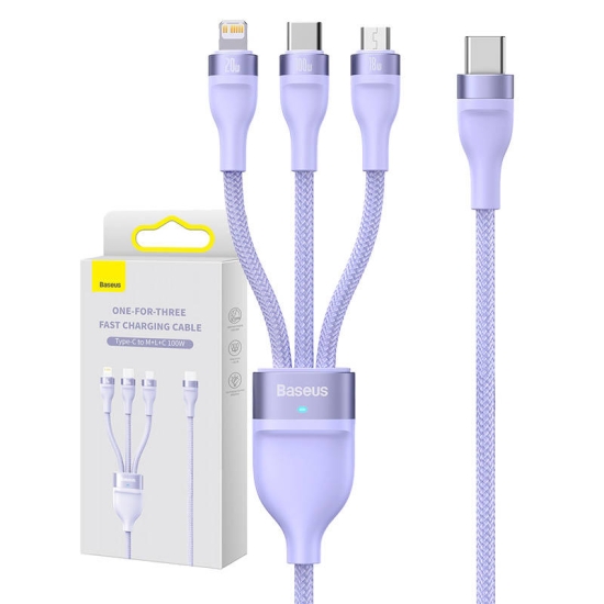 Kabel USB 3w1 Baseus Flash Series 2, USB-C + micro USB + Lightning, 100W, 1.5m (fioletowy)