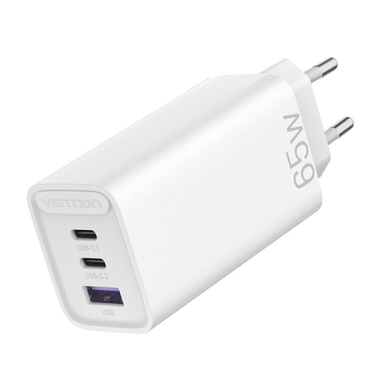 Ładowarka sieciowa GaN  2xUSB-C+ USB-A Vention FAAW0-EU 2.4A PD 65W/30W/30W biała