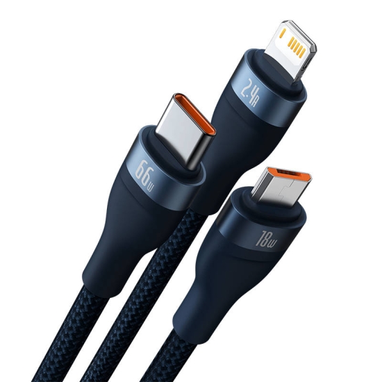 Kabel USB 3w1 Baseus Flash Series, USB-C + micro USB + Lightning, 66W, 1.2m (niebieski)