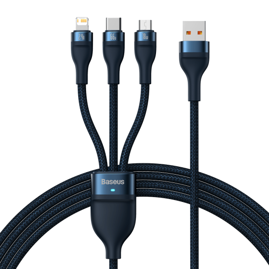 Kabel USB 3w1 Baseus Flash Series, USB-C + micro USB + Lightning, 66W, 1.2m (niebieski)