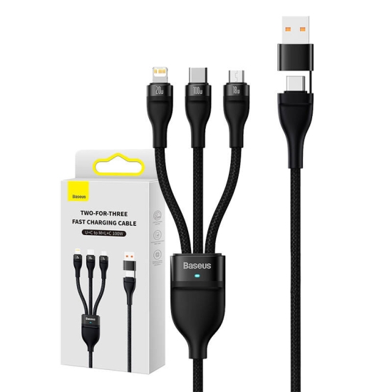 Kabel USB 3w1 Baseus Flash Series 2, USB-C + micro USB + Lightning, 100W, 1.2m (czarny)