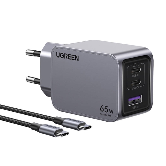 Ładowarka sieciowa Ugreen Nexode Pro, USB + 2x USB-C, 65W + kabel USB-C 1.5m (czarna)