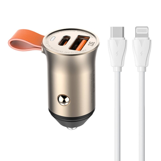 Ładowarka samochodowa LDNIO C509Q, USB + USB-C, 30W + kabel USB-C do Lightning (złota)