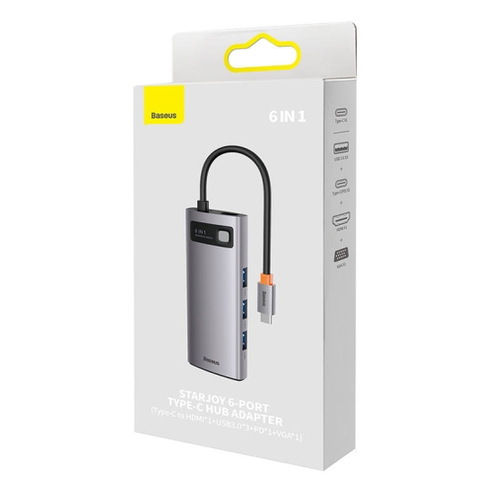 Hub 6w1 Baseus Metal Gleam Series, USB-C do 3x USB 3.0 + HDMI + USB-C PD + VGA