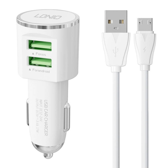 Ładowarka samochodowa LDNIO DL-C29, 2x USB, 3.4A + kabel Micro USB (biała)