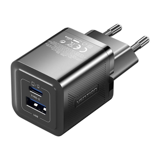 Ładowarka sieciowa, Vention, FEQB0-EU,  USB-C, USB- A, 30W/30W, GaN (czarna)