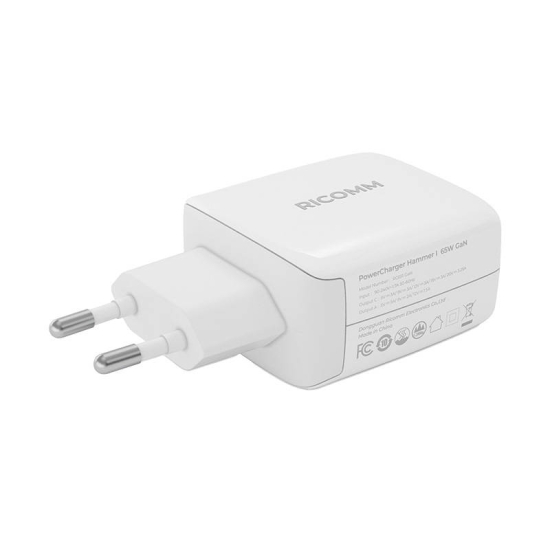 Ładowarka sieciowa 65W GaN Ricomm RC652 EU, 2xUSB-C + kabel USB-C 2.1m