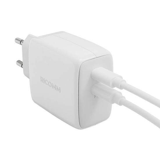 Ładowarka sieciowa 65W GaN Ricomm RC652 EU, 2xUSB-C + kabel USB-C 2.1m