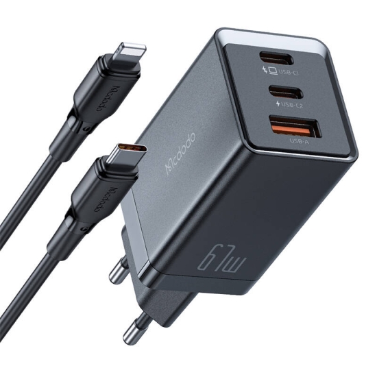 Ładowarka sieciowa GaN Mcdodo CH-1544, 2x USB-C, 1x USB, 67W + kabel USB-C do USB-C (czarna)