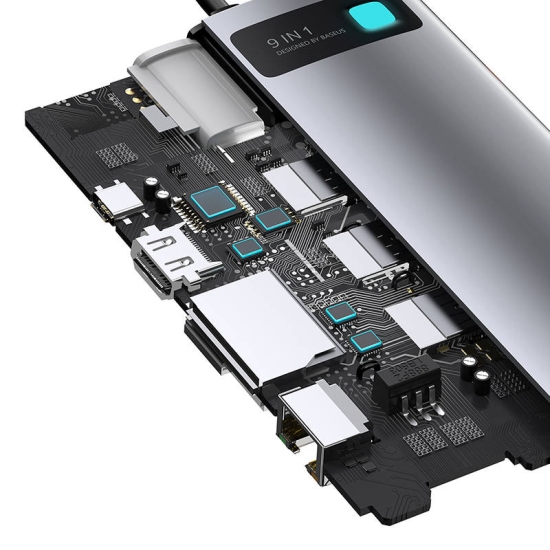 Hub 9w1 Baseus Metal Gleam Series, USB-C do 3x USB 3.0 + HDMI + USB-C PD + Ethernet RJ45 + microSD/SD + VGA