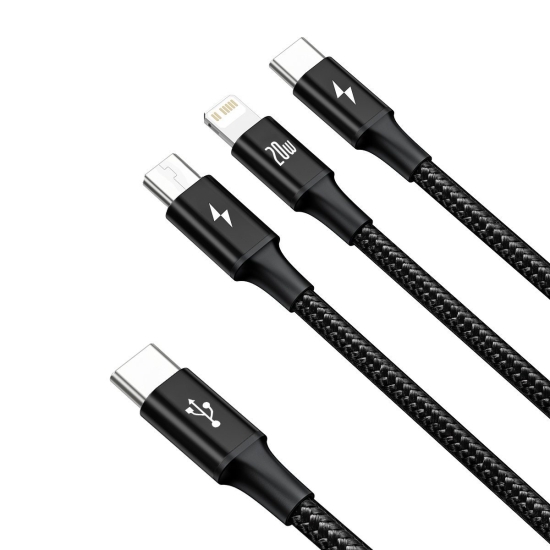 Kabel USB 3w1 Baseus Rapid Series, micro USB / Lightning / USB-C, 20W, 1.5m (czarny)