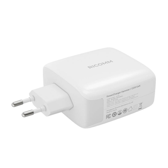 Ładowarka sieciowa 120W GaN Ricomm RC1201 EU, 1xUSB-A, 2xUSB-C + kabel USB-C 2.1m