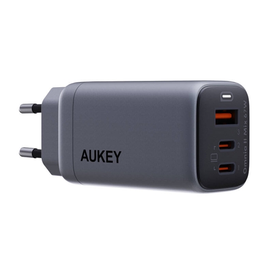 Ładowarka sieciowa Aukey PA-B6U, 1xUSB-A, 2xUSB-C, 67W (szara)