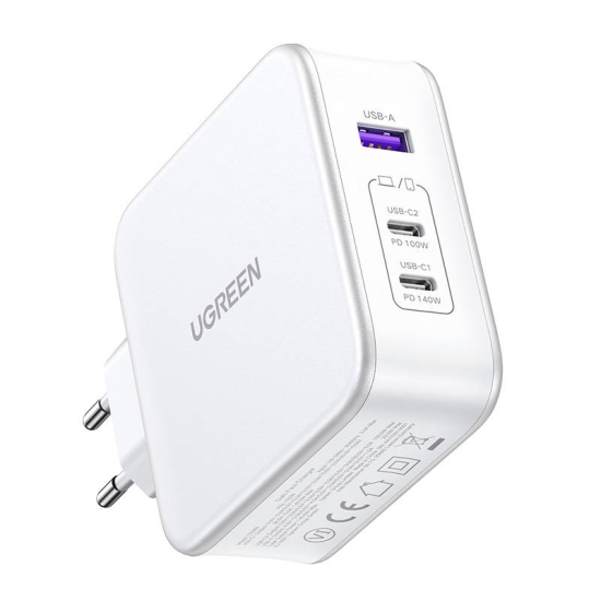 Ładowarka sieciowa UGREEN 15339 Nexode, 2xUSB-C, USB-A 3.0, PD3.0, QC4.0, GaN, 140W (biała)