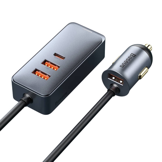 Ładowarka samochodowa Baseus Share Together z przedłużaczem, 3x USB, USB-C, 120W (szara)