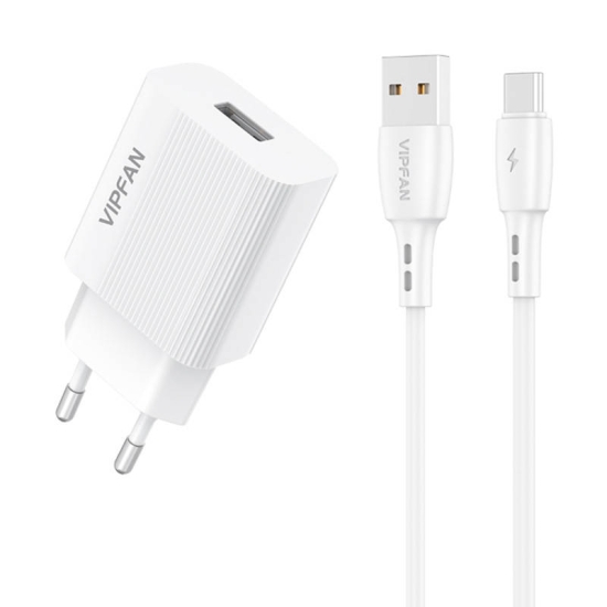 Ładowarka sieciowa VFAN E01, 1x USB, 2.4A + kabel USB-C (biała)