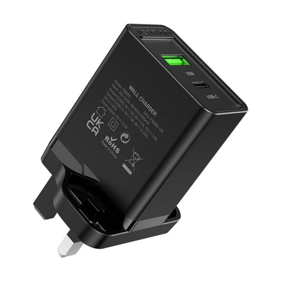 Ładowarka sieciowa USB-A, USB-C Vention FBBB0-UK 18W/20W UK czarna