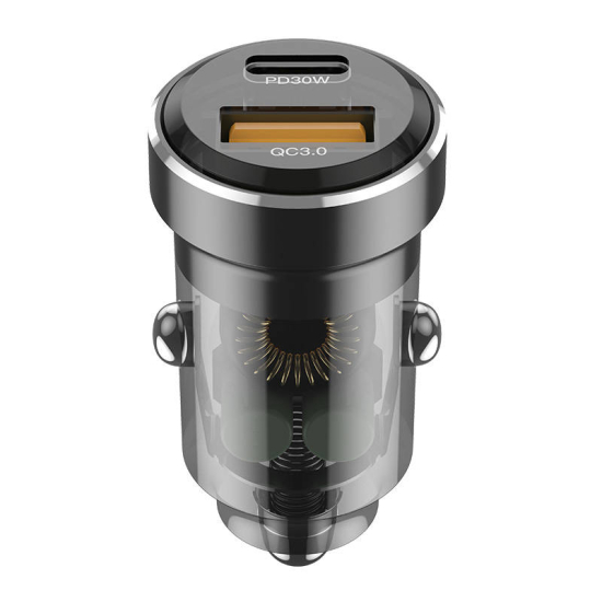 Ładowarka samochodowa Budi 30W, USB + USB-C, PD + QC 3.0 (szara)