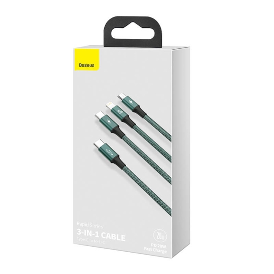 Kabel USB-C 3w1 Baseus Rapid Series, micro USB / Lightning / USB-C, 20W, 1.5m (zielony)