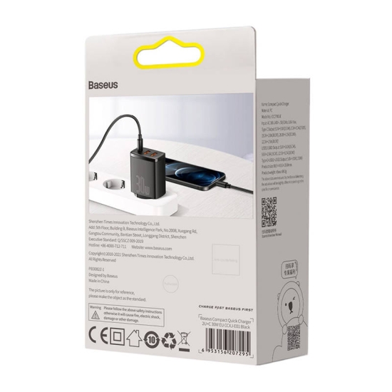 Ładowarka sieciowa Baseus Compact Quick Charger, 2xUSB, USB-C, PD, 3A, 30W (czarna)