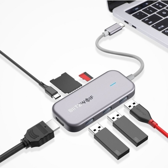 Adapter 7w1 Blitzwolf BW-TH5 Hub USB-C do 3xUSB 3.0, HDMI, USB-C PD, SD, mi