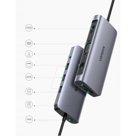 Adapter 10w1 UGREEN HUB USB-C CM179 do HDMI 4K, 3x USB 3.0, Typ-C PD, RJ45,