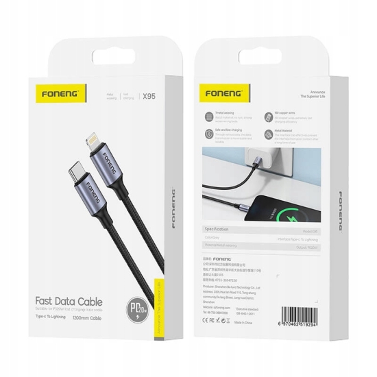 Kabel USB-C do Lightning Foneng X95 PD20W 1.2m (szary)