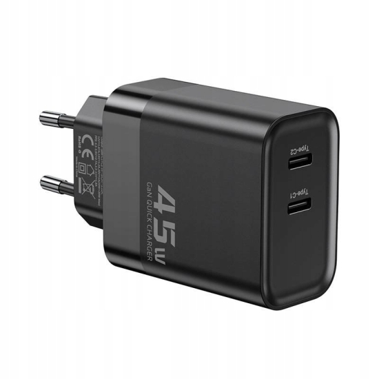 Ładowarka sieciowa Toocki 2xUSB-C, GaN 45W (czarna)